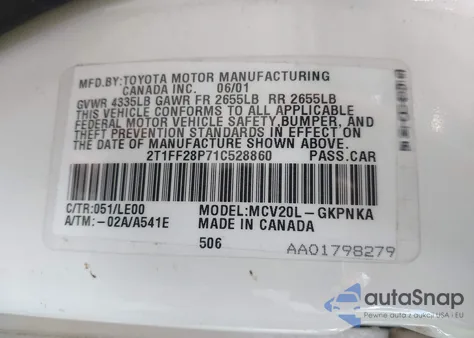 2001 Toyota Camry Solara Sle V6 из США, поврежденный, VIN 2T1FF28P71C528860